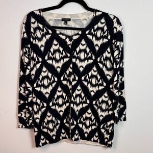 Talbots Womens Black White Ikat Pattern Cotton Cardigan sz Petite LG Classic